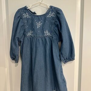 Denim Blue Kids Dress with Embroidered Details